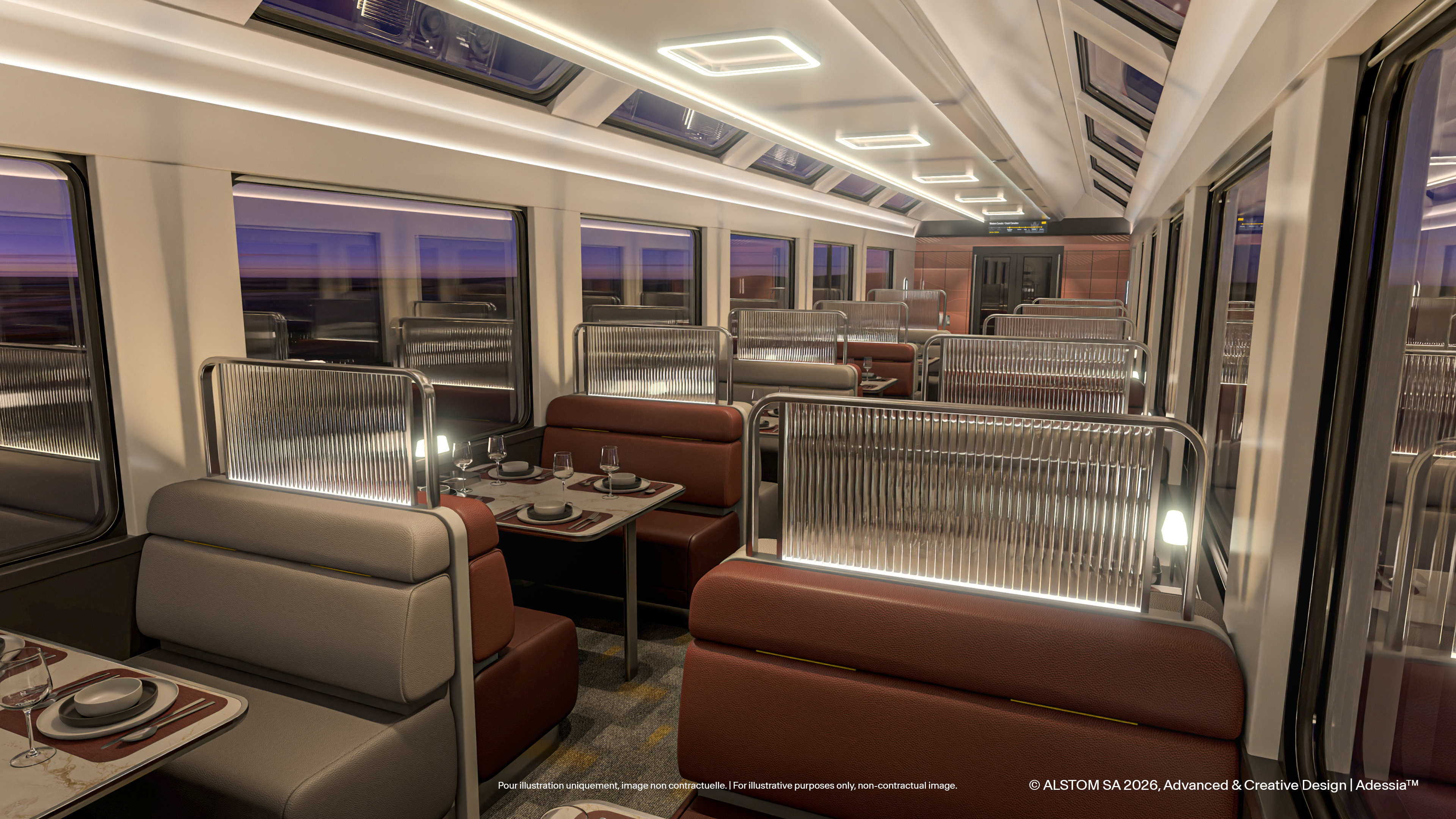 Dining car interior at dusk, with diner style benches and glass dividers between tables