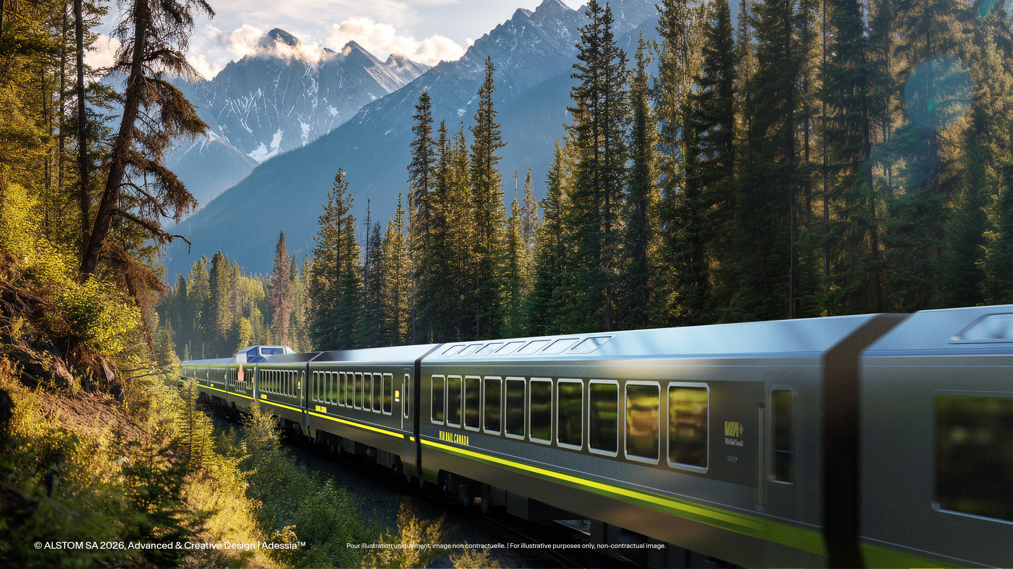 The new VIA Rail consist running through summer forest with the Rockies behind it