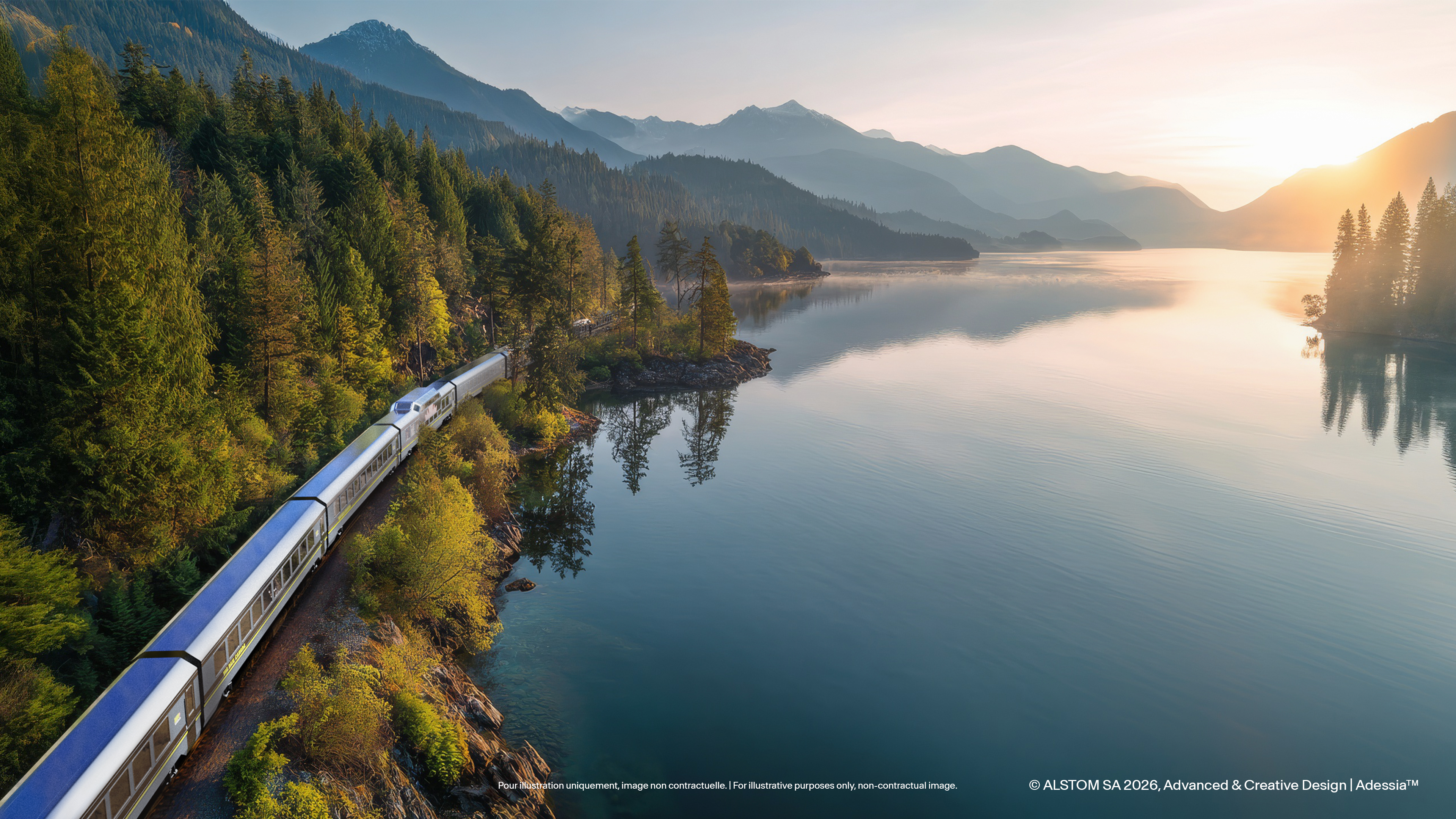 The train running alongside a lake with mountains behind it in summer