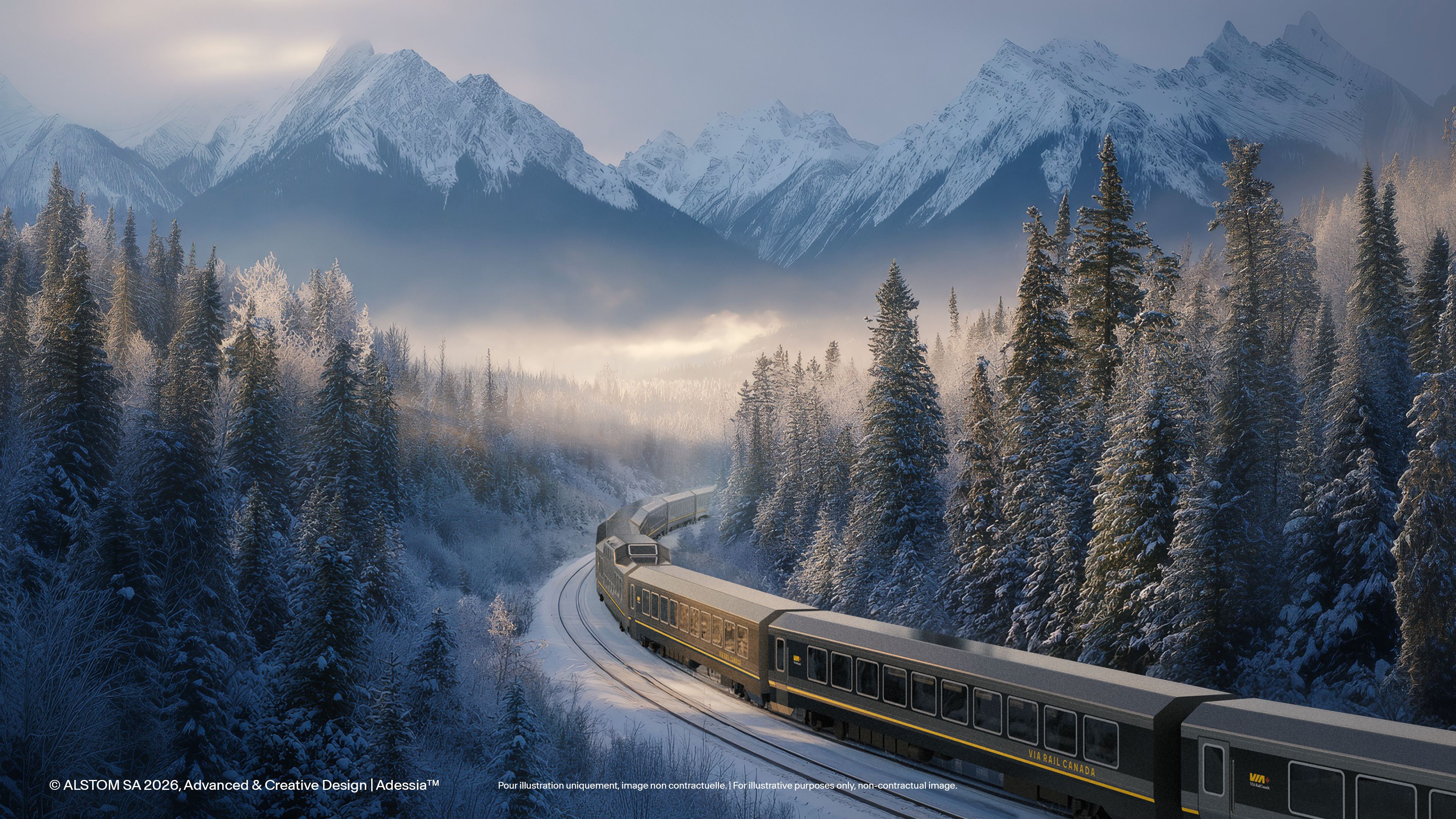 The train crossing snow covered forest with the Rockies in the background