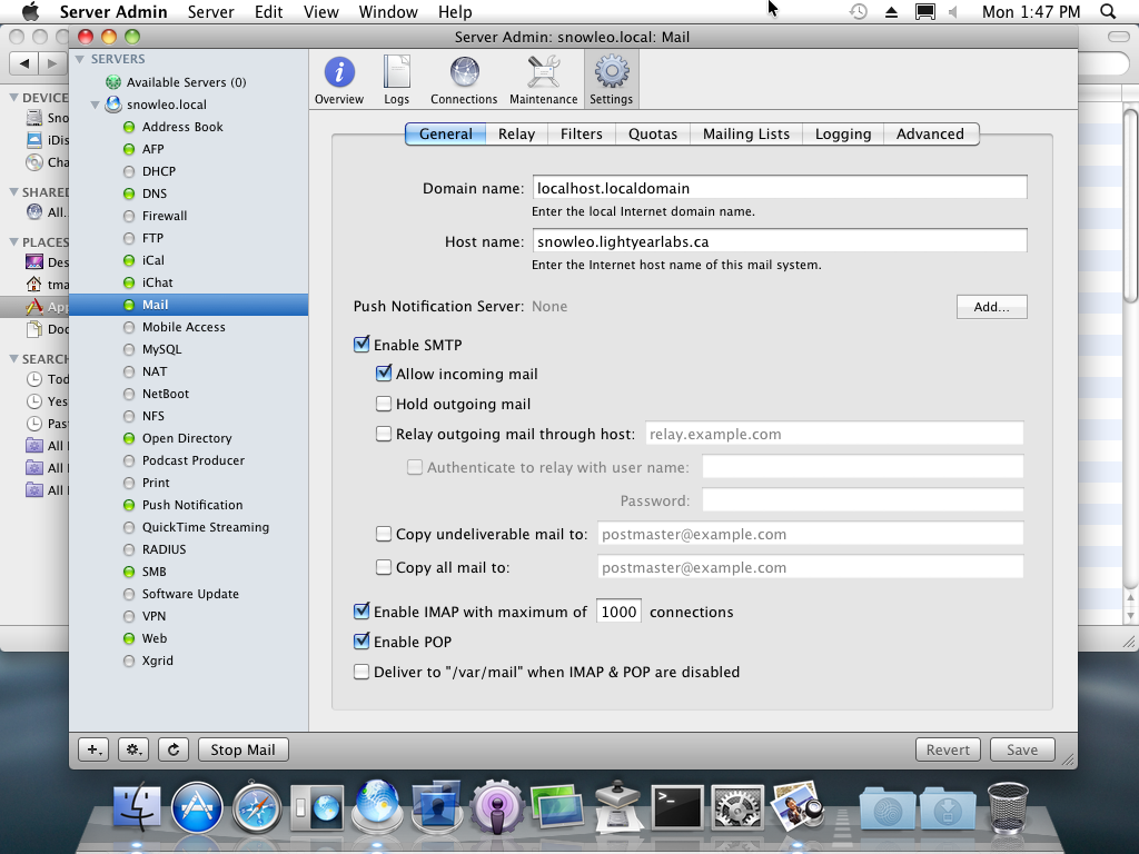 Unlike rival mail servers, Apple's never needed anything more or less than the 7 tabs shown here