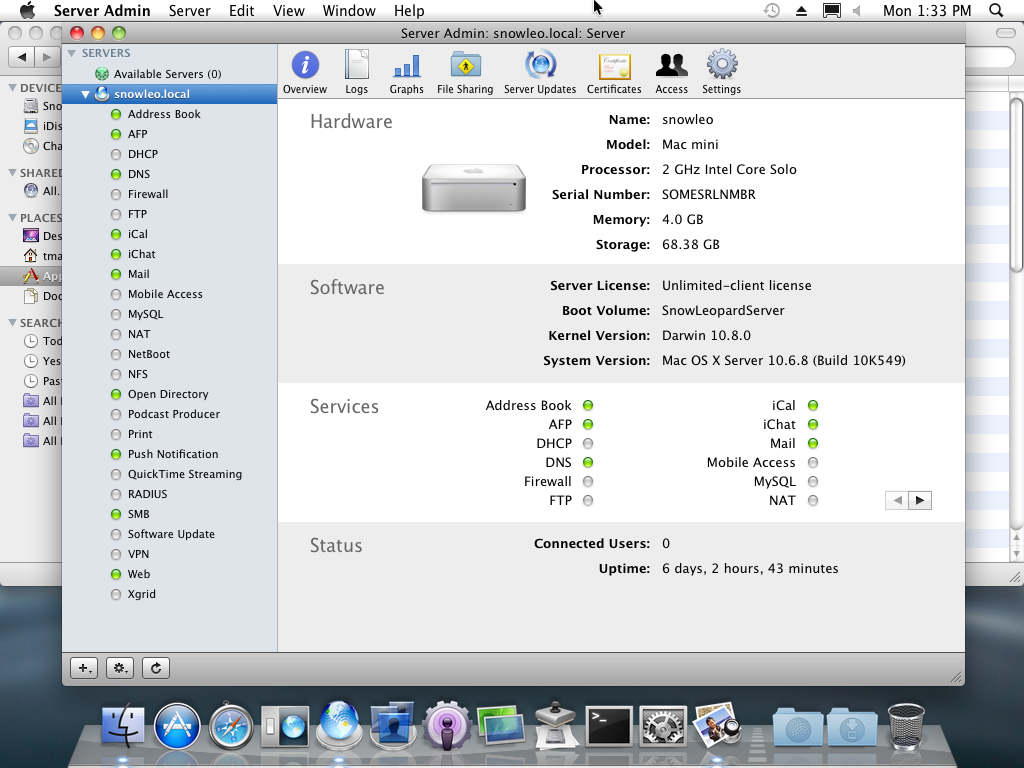 Server Admin's overview of the server. You could even install Server Admin on a client OS and control several servers at once, a bit like controlling multiple PVE nodes but without the clustering