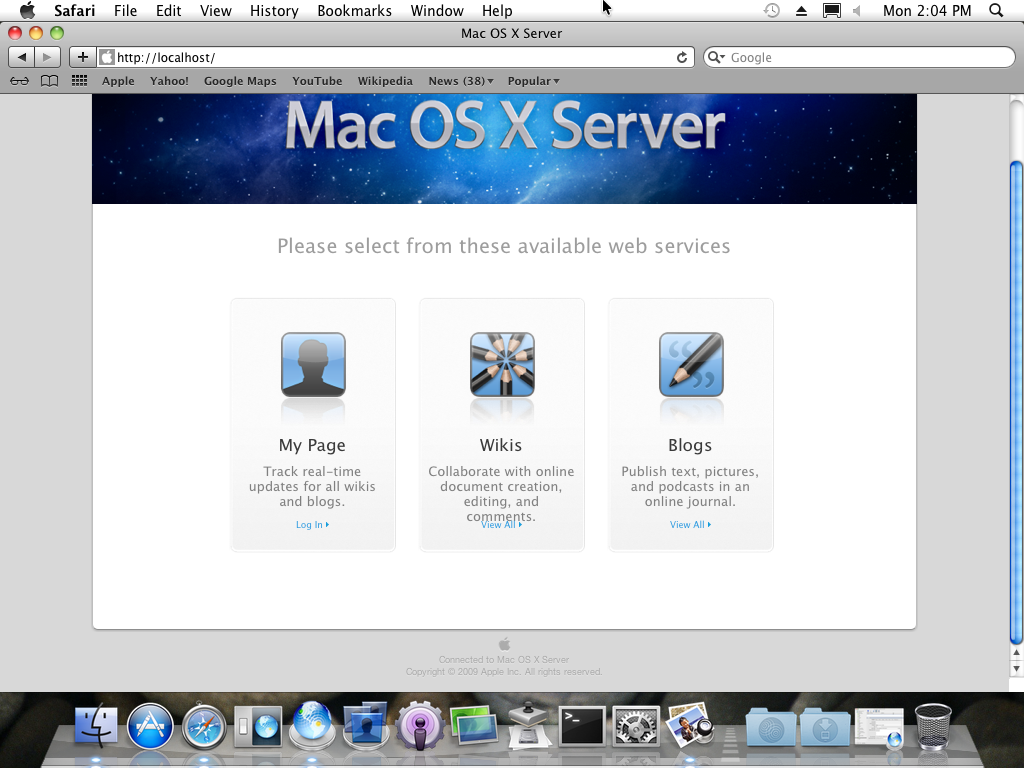 The web server homepage, with the classic 2009 styling