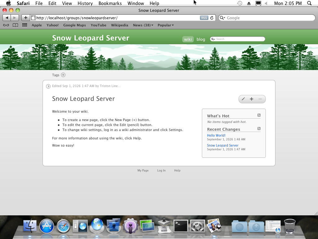The web server's many pages permitted simple theme changes and page edits. Here's a wiki page