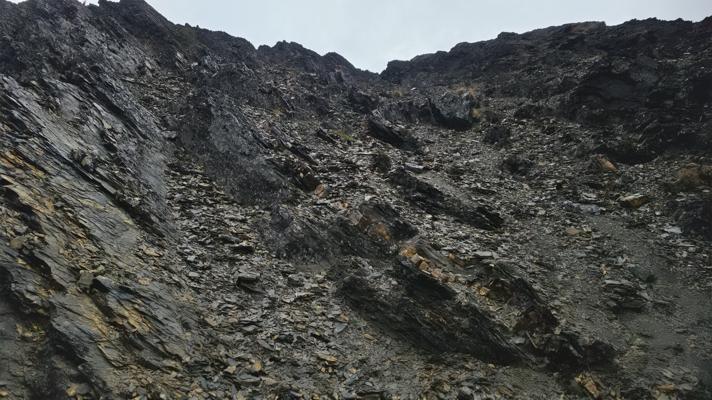 Looking up at a shale spire whose sedimentary layers stand almost vertically on edge.